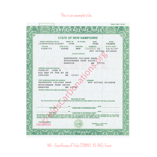 This is an Example of New Hampshire Certificate of Title (TDMV1, 10-96) Front View | Kids Car Donations